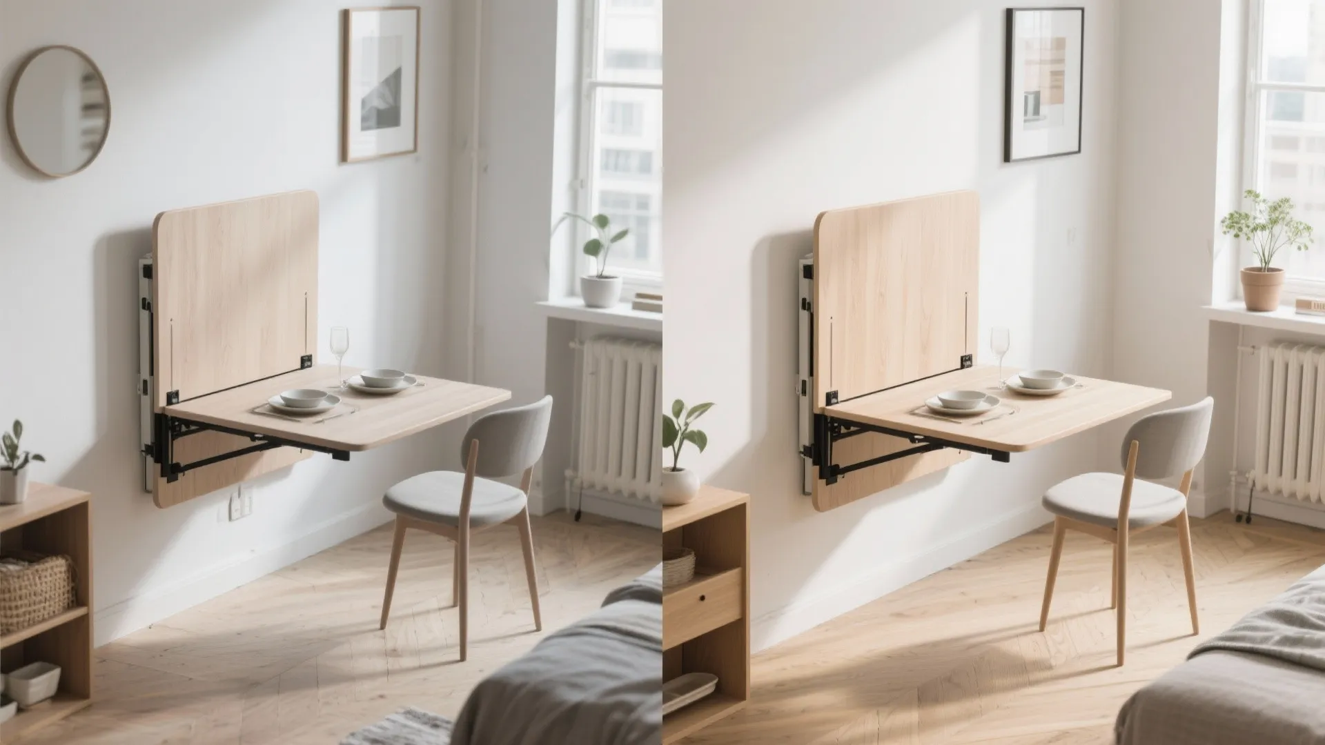 Side by side comparison of a wall mounted folding table in a small apartment space