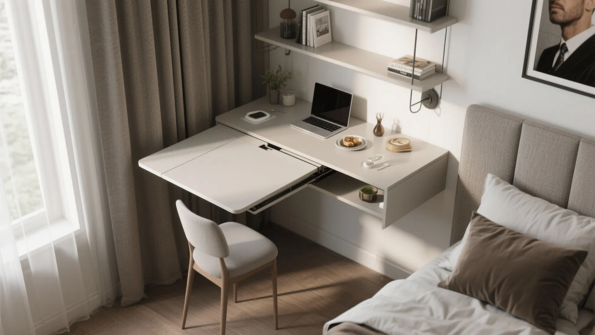 Modern white desk with a pull-out extension next to a bed in a small room