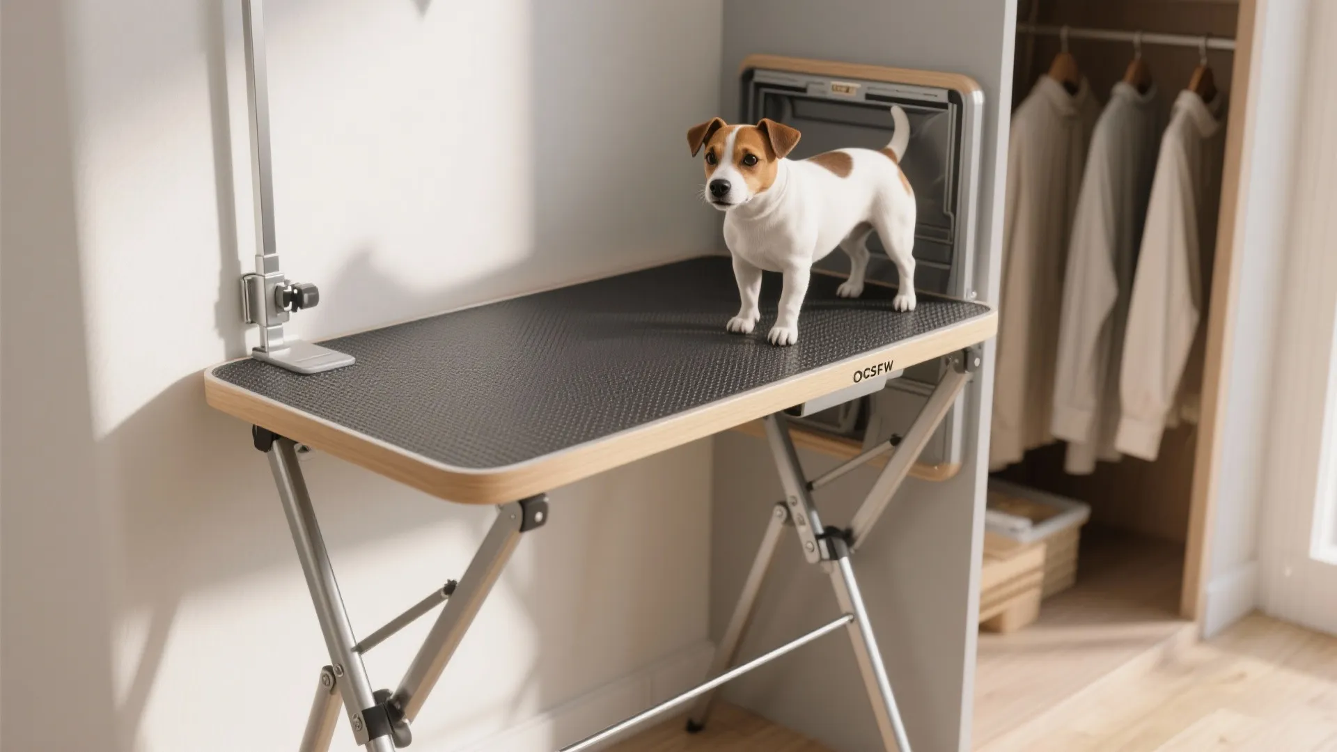 Small brown and white dog stands on a foldable pet grooming table in a laundry room