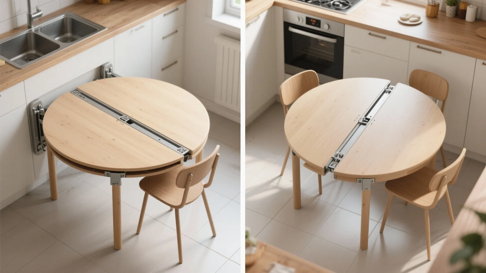 Round wood dining table with sliding mechanism shown in both closed and extended kitchen settings