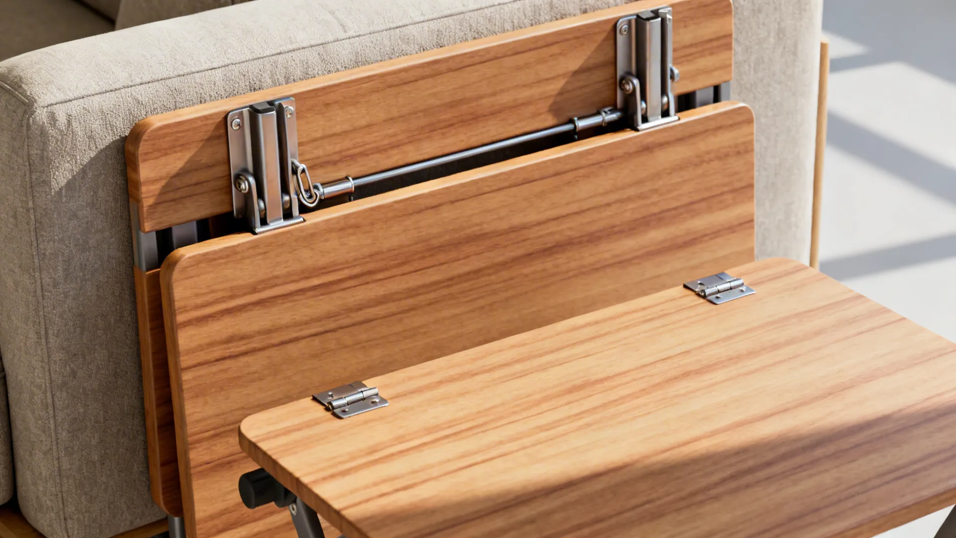 Lightweight foldable rectangular end table showing hinge and locking mechanism