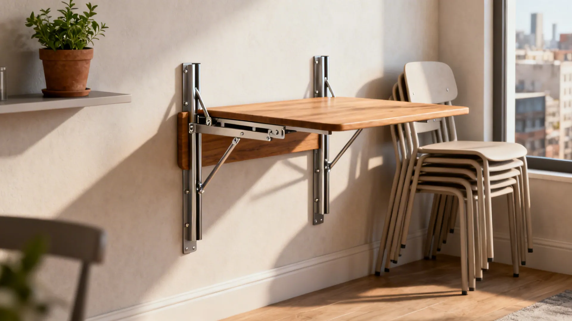 Slim wall-mounted drop-leaf table folded with stackable chairs beside it in a small apartment.