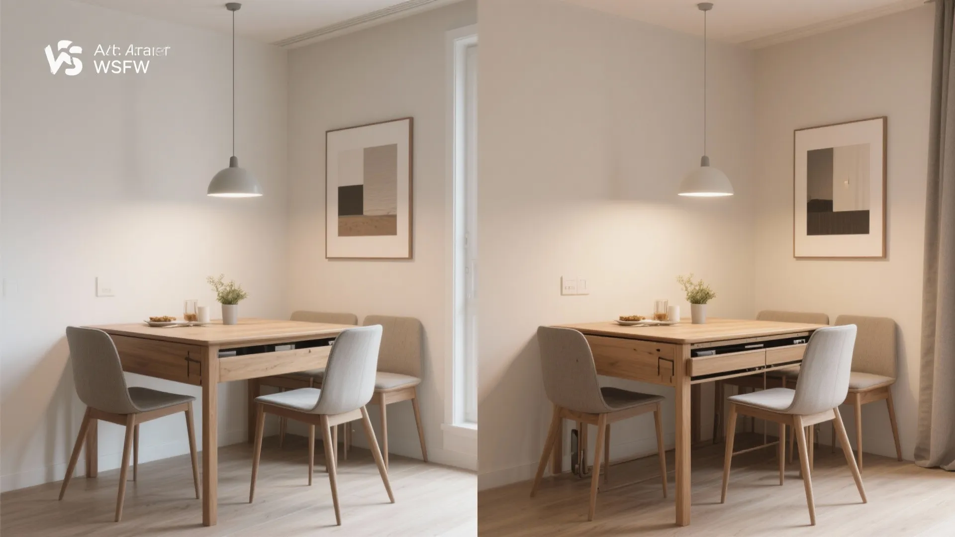 Wooden dining table with grey chairs and ceiling light in a modern white dining room