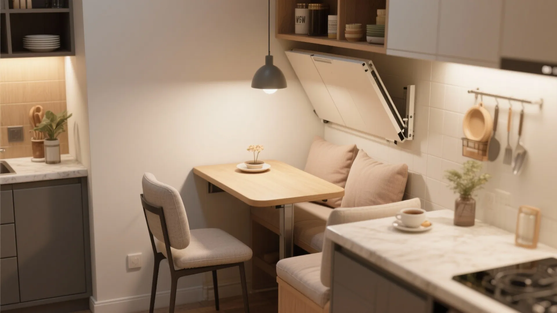 Compact foldable table kitchen nook styled like a cafe