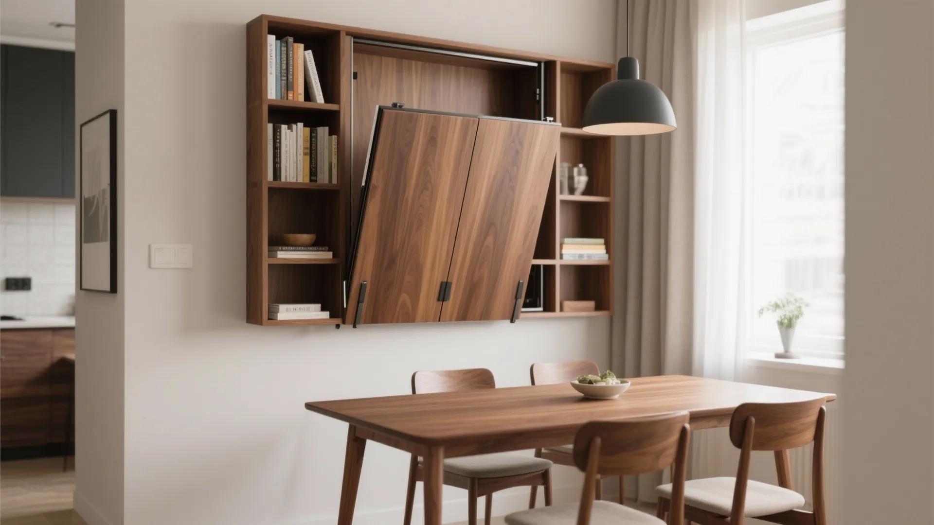 Wall mounted wooden folding table with shelves dining chairs and a black hanging ceiling light