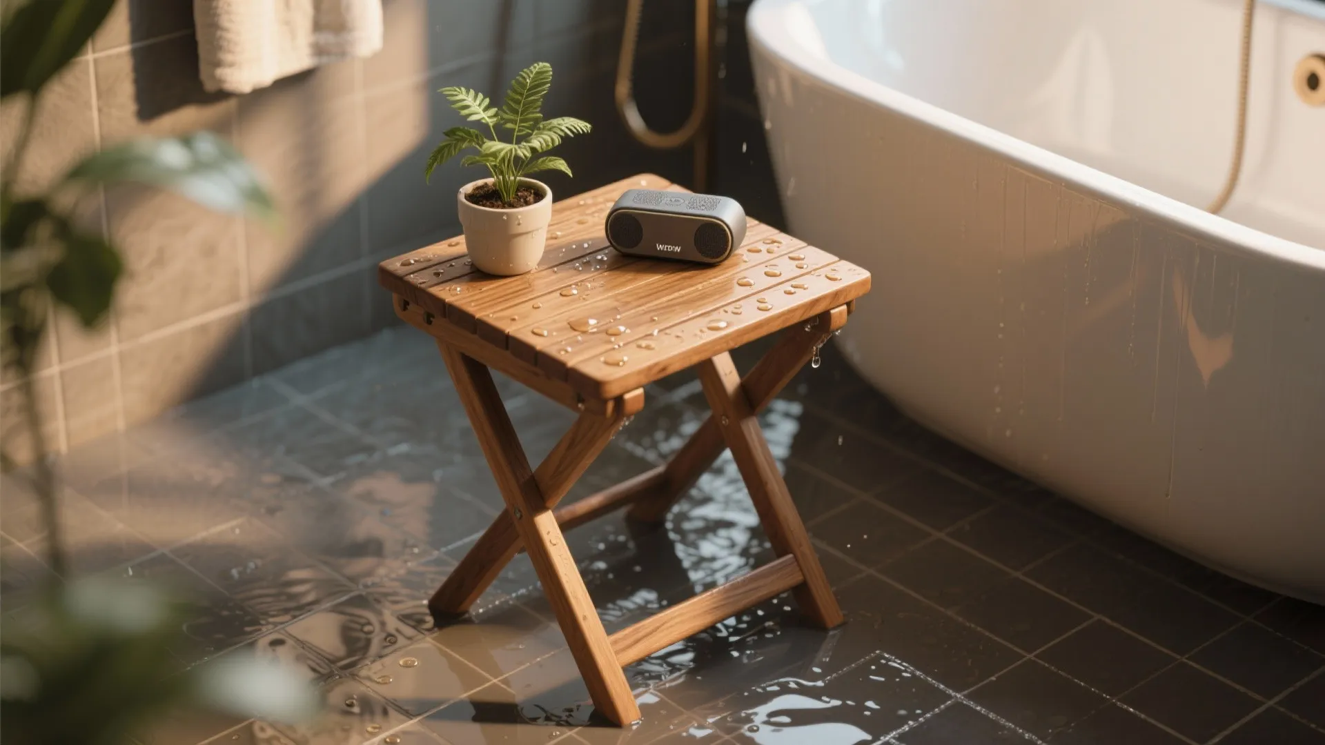 1. Foldable teak stool for wet zones