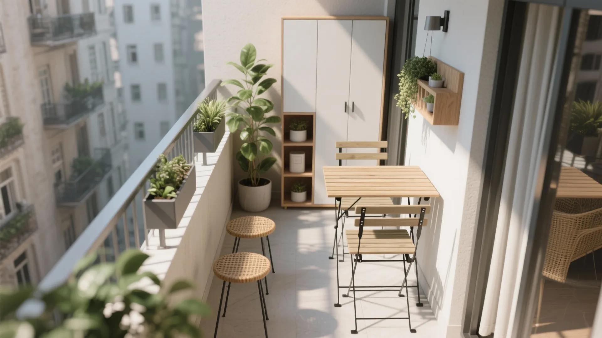Modern apartment balcony with wooden folding table and chairs plus white cabinet and green plants