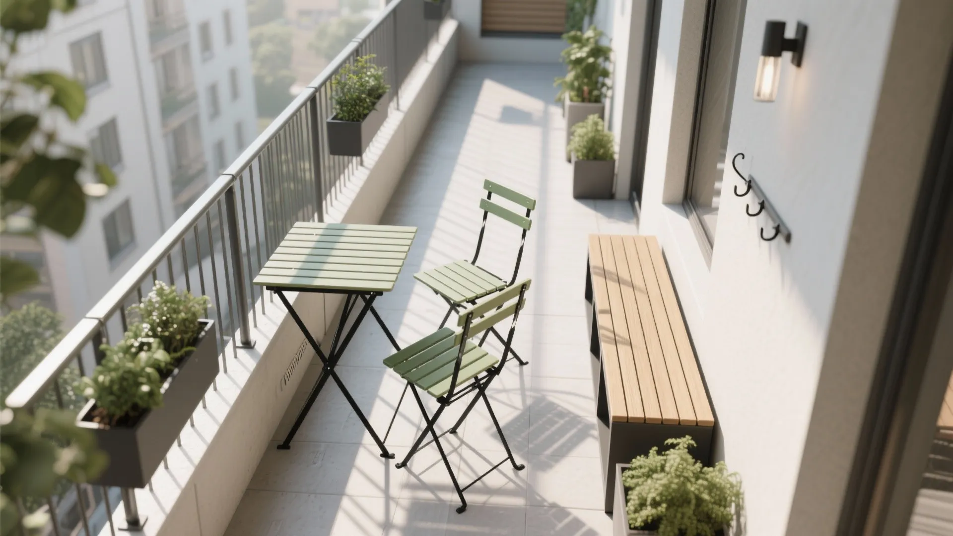 Top-down layout of a narrow balcony with foldable chairs, rail table, wall hooks, slim bench storage, and planters.