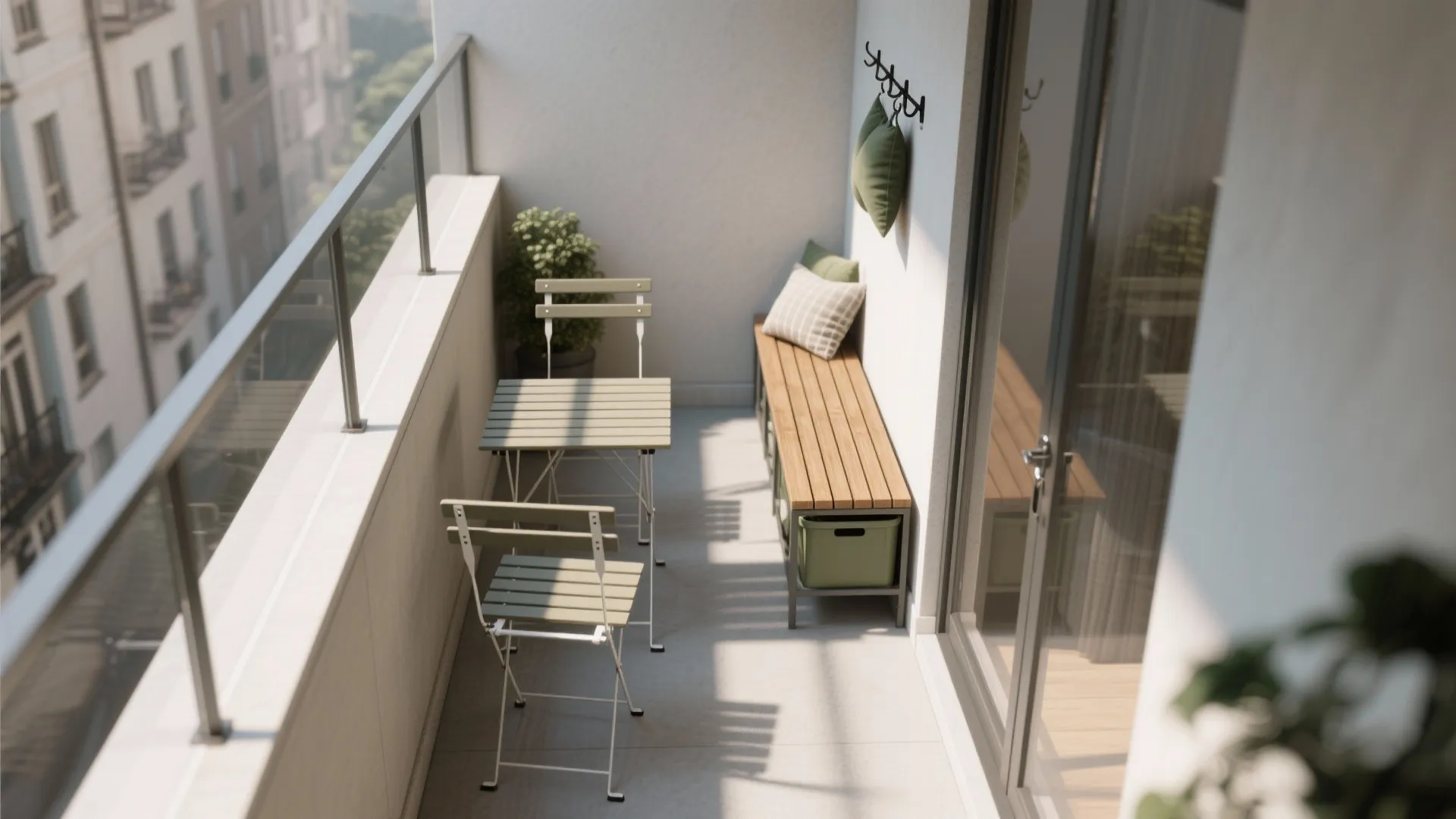 Small apartment balcony with green metal table and chairs set beside a long wooden bench