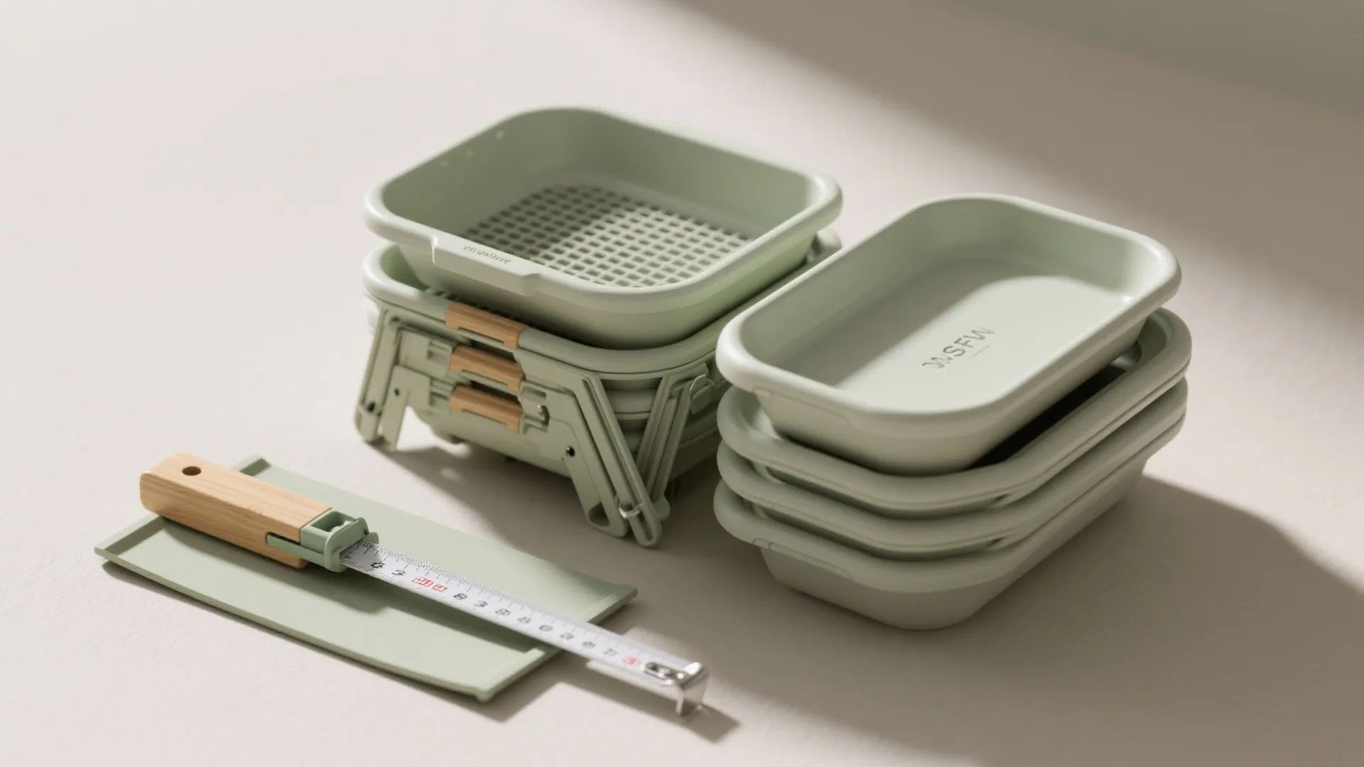 Set of stacked green plastic cat litter trays next to a measuring tool on table