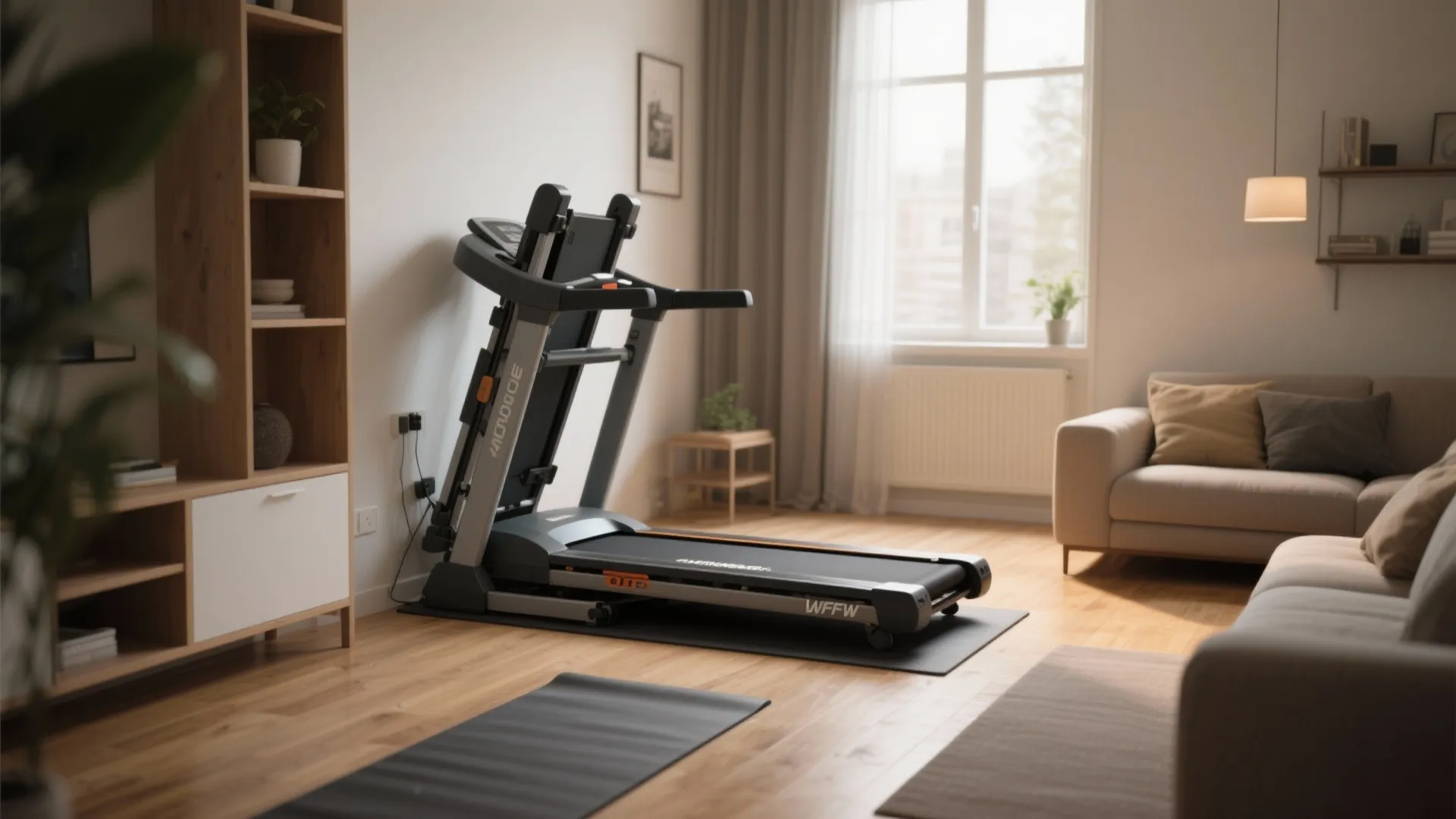 Foldable treadmill folded upright in a modern apartment living area next to a yoga mat.