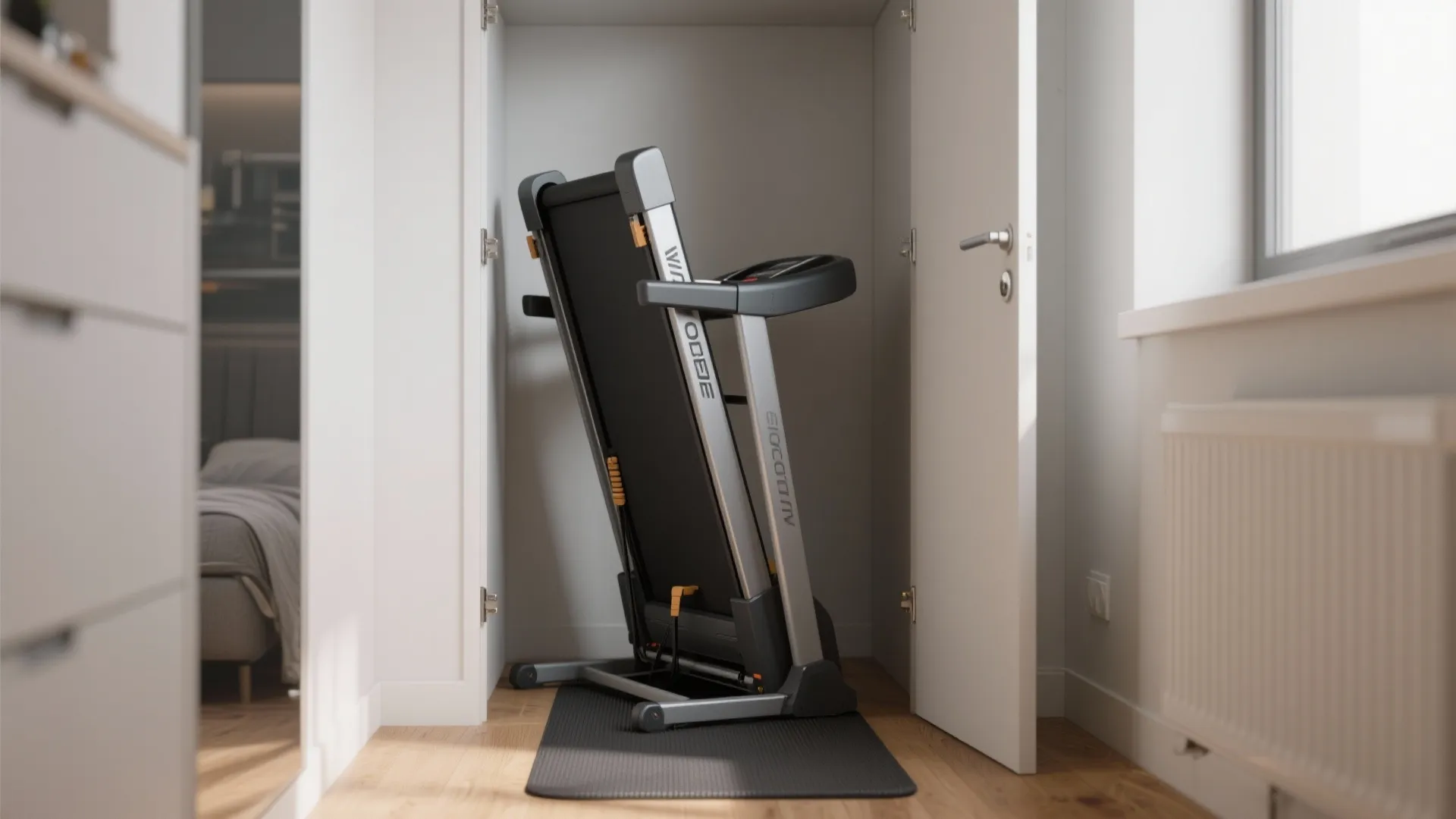 Foldable treadmill standing vertically inside a white closet for compact storage in a small apartment