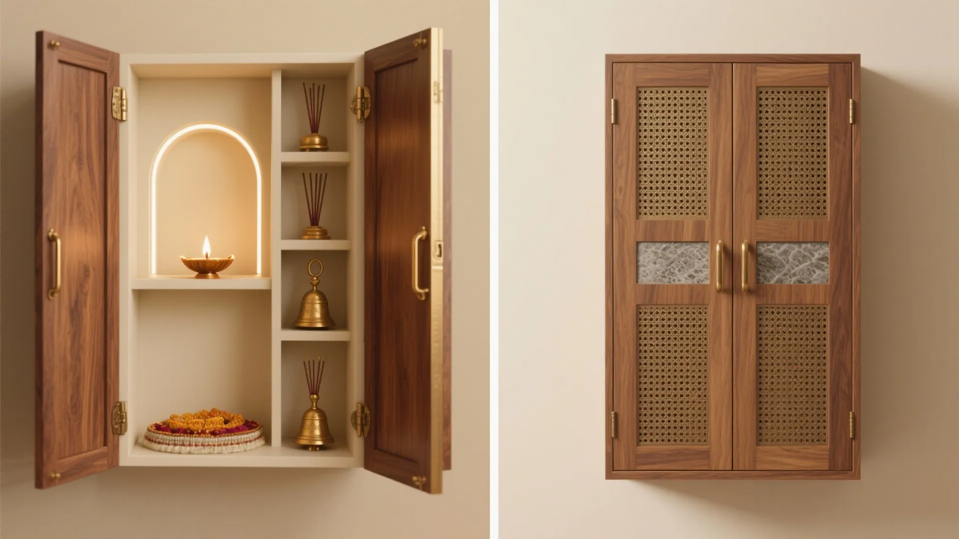 Wooden wall cabinet with open doors showing interior light fixture and closed doors with mesh