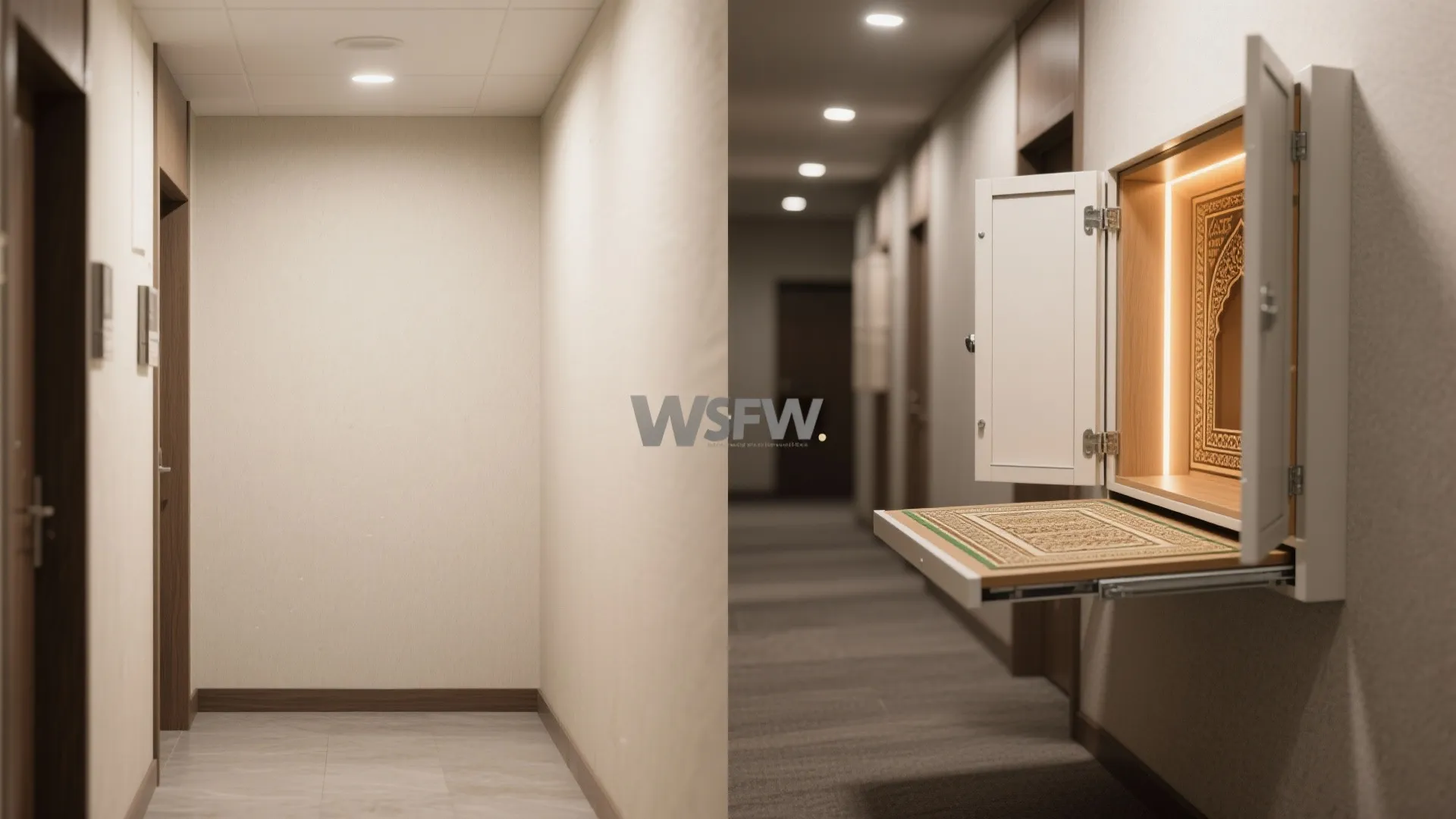 Before and after comparison of empty hallway and wall mounted folding cabinet with integrated light fixture