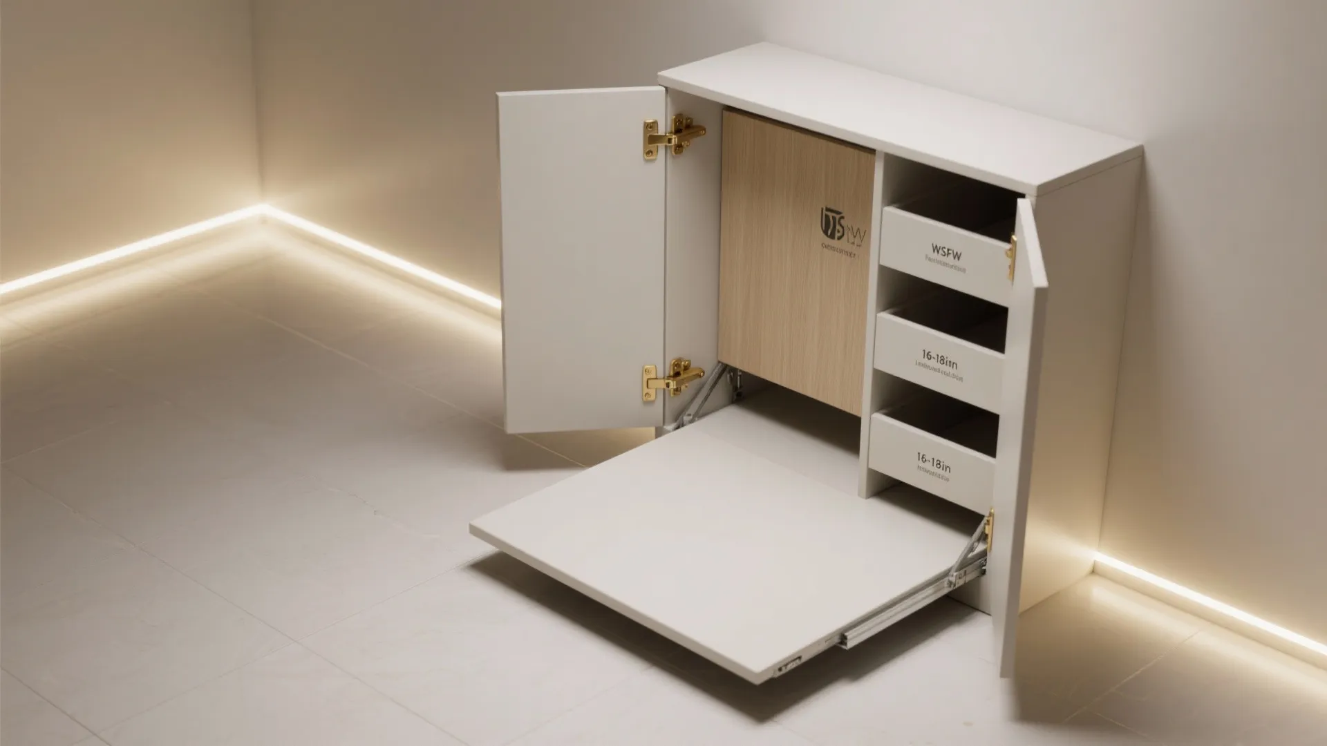 White wall mounted cabinet with a fold down desk surface three drawers and gold hinges