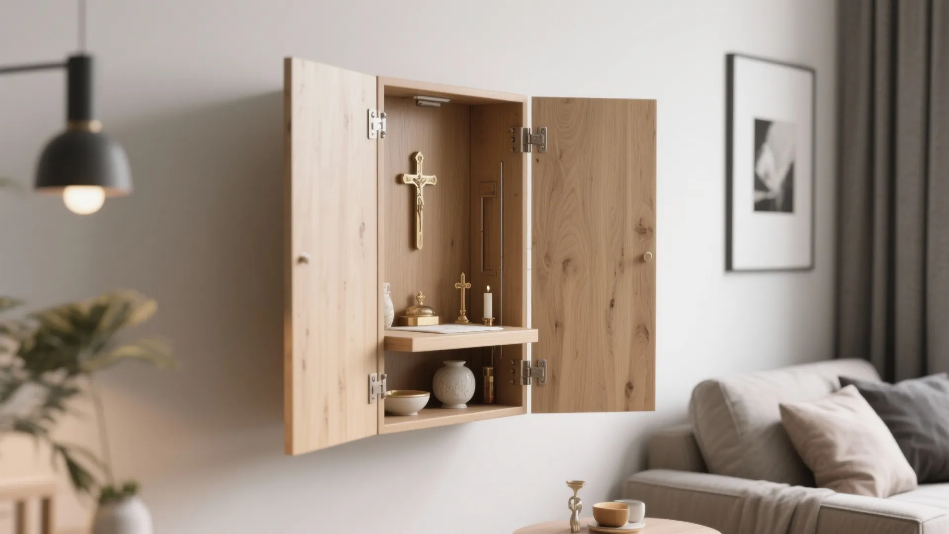 Wall mounted wooden prayer cabinet with open doors showing cross and candles in a living room
