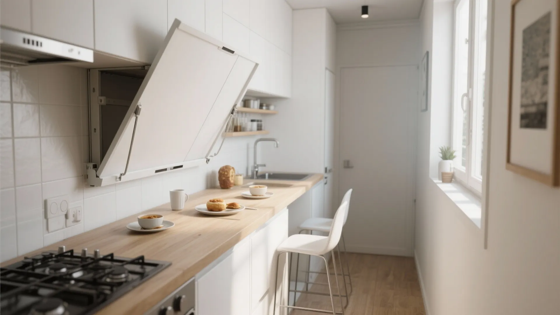Small white kitchen with a wall mounted folding table breakfast bar and two white stools