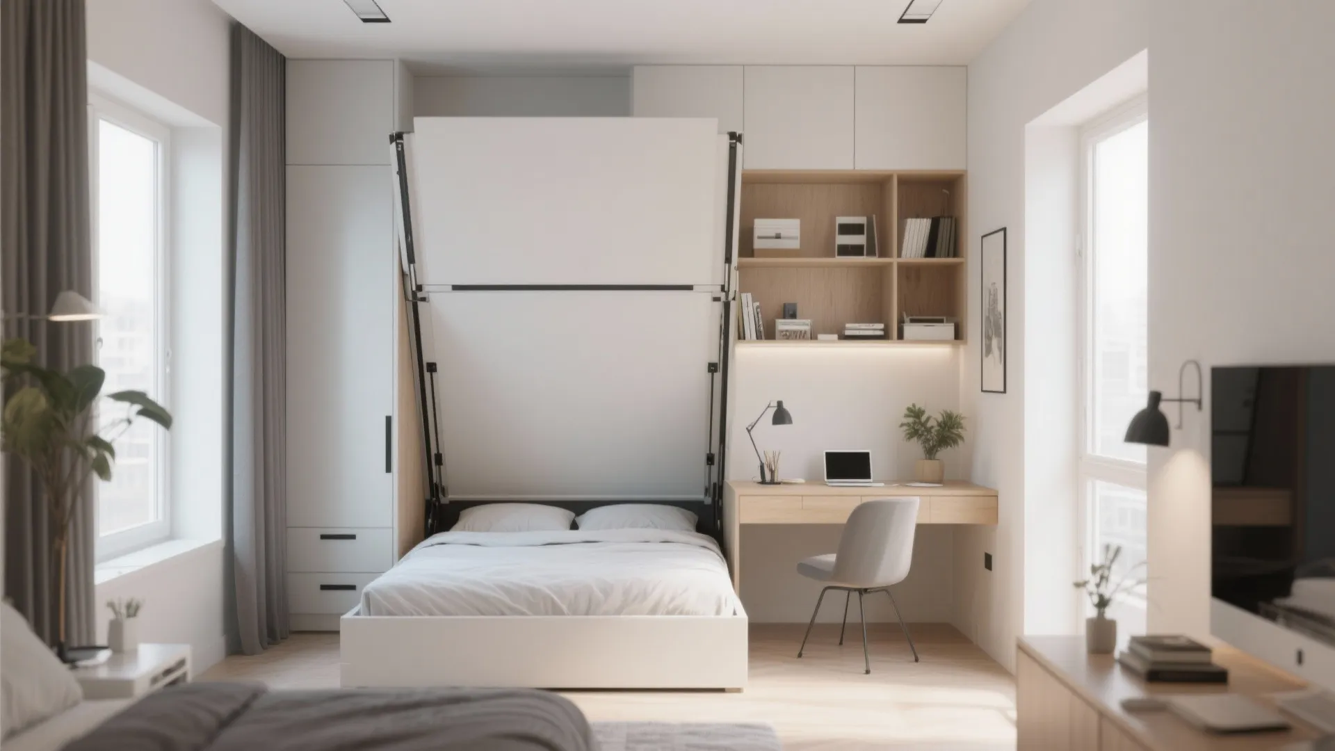 Modern white foldable wall bed integrated with wooden desk and bookshelves in a bright bedroom