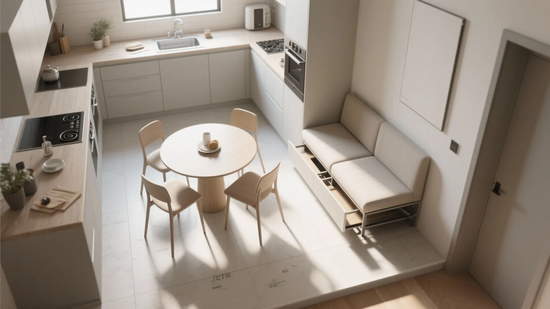 Interior design drawing from top view showing small kitchen with round table and sofa bench