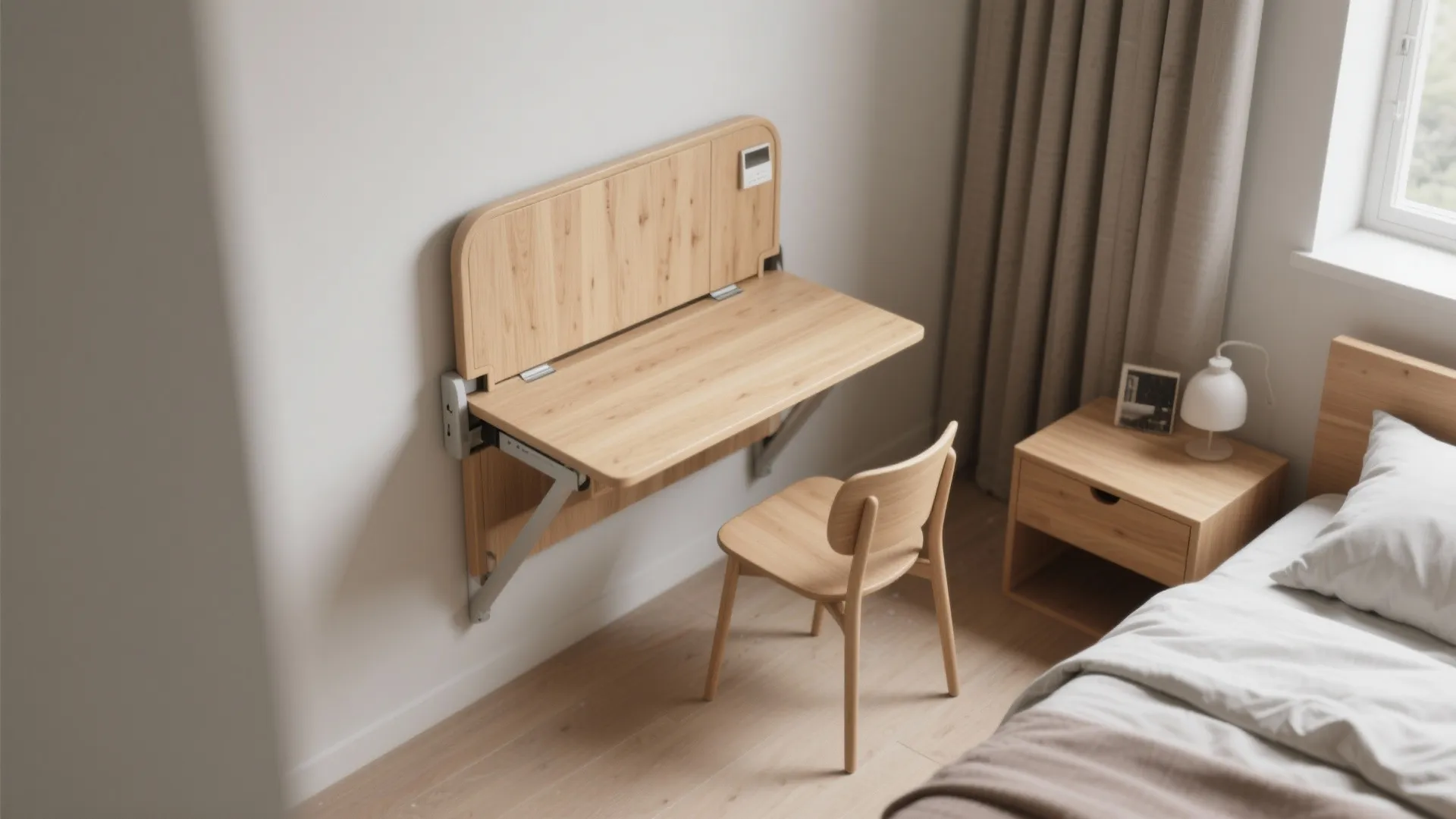 Wooden wall mounted foldable desk in small bedroom with a matching chair and bedside storage