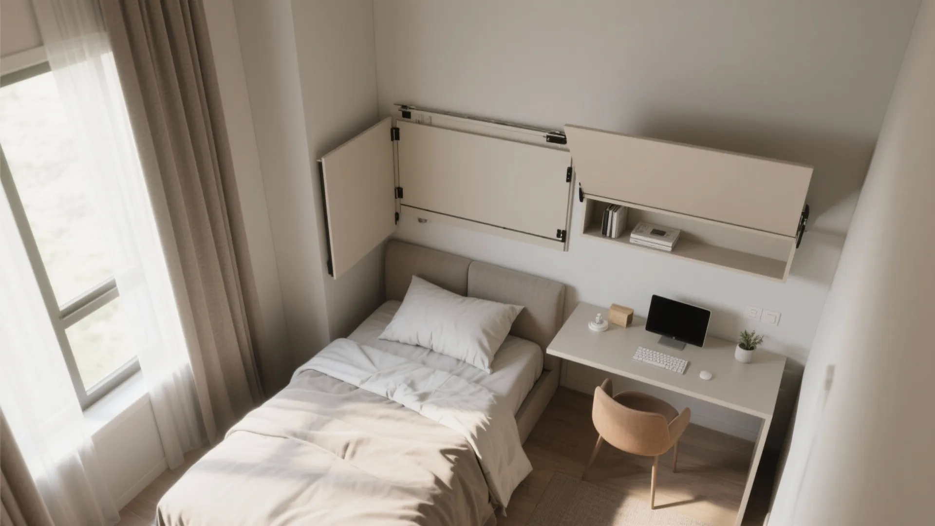 Modern small bedroom with single bed white desk and wooden wall storage cabinets with natural lighting