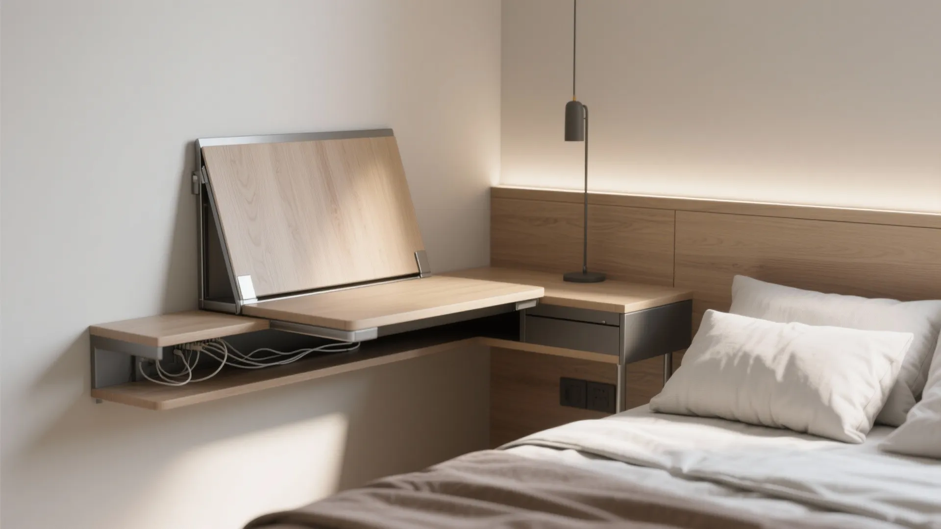 Wooden foldable wall desk attached to a bedroom wall next to a bed with pillows