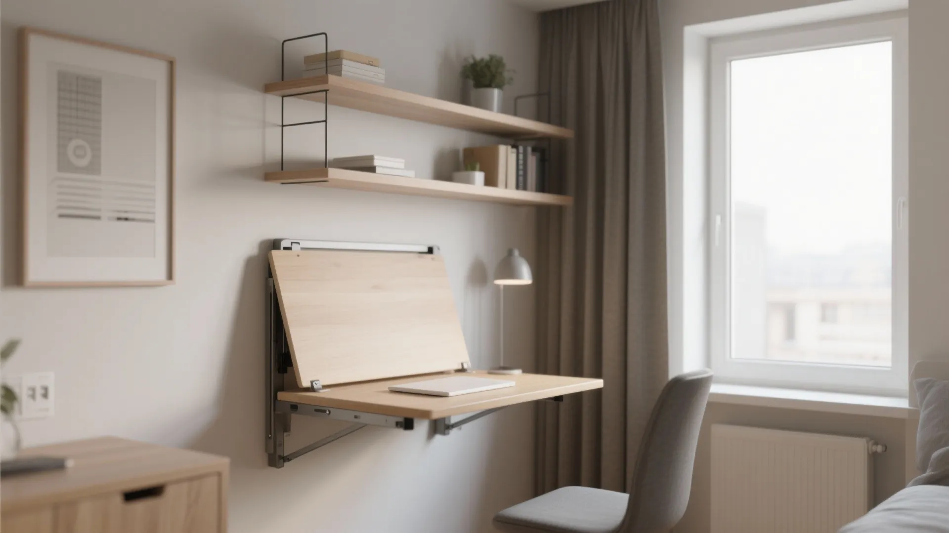 Modern wall mounted foldable wooden desk with laptop chair shelves books and natural window light
