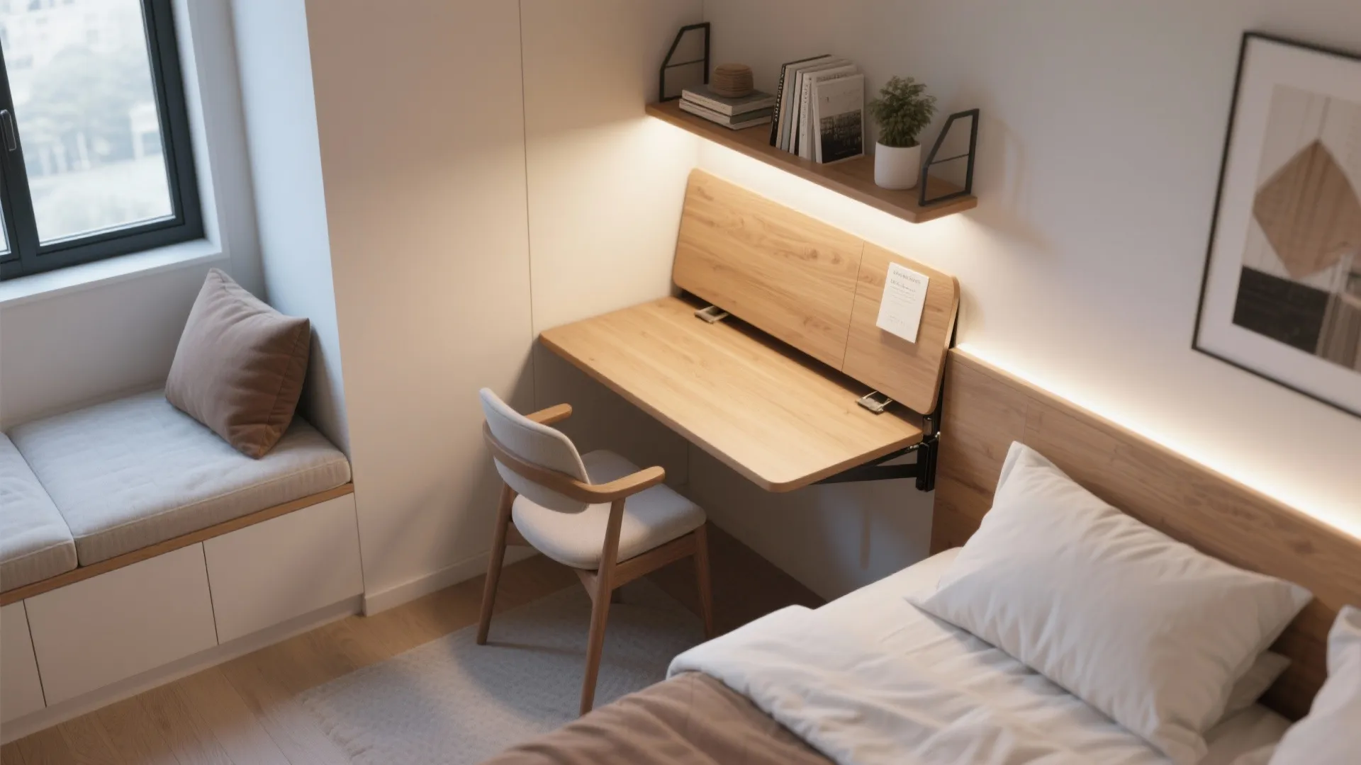 Functional small bedroom with foldable wall desk wooden shelf white chair and comfortable window seat area