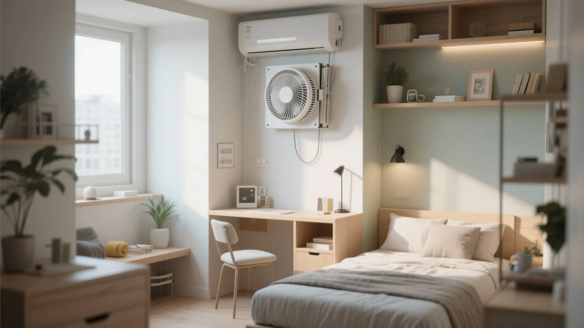 Compact studio with foldable wall fan