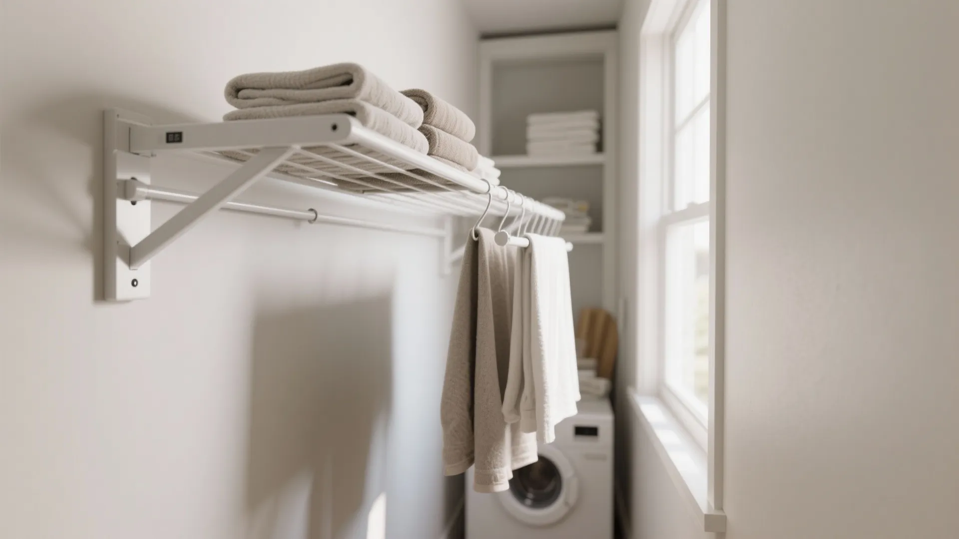 White wall mounted drying rack holding folded towels and hanging cloths in a laundry room