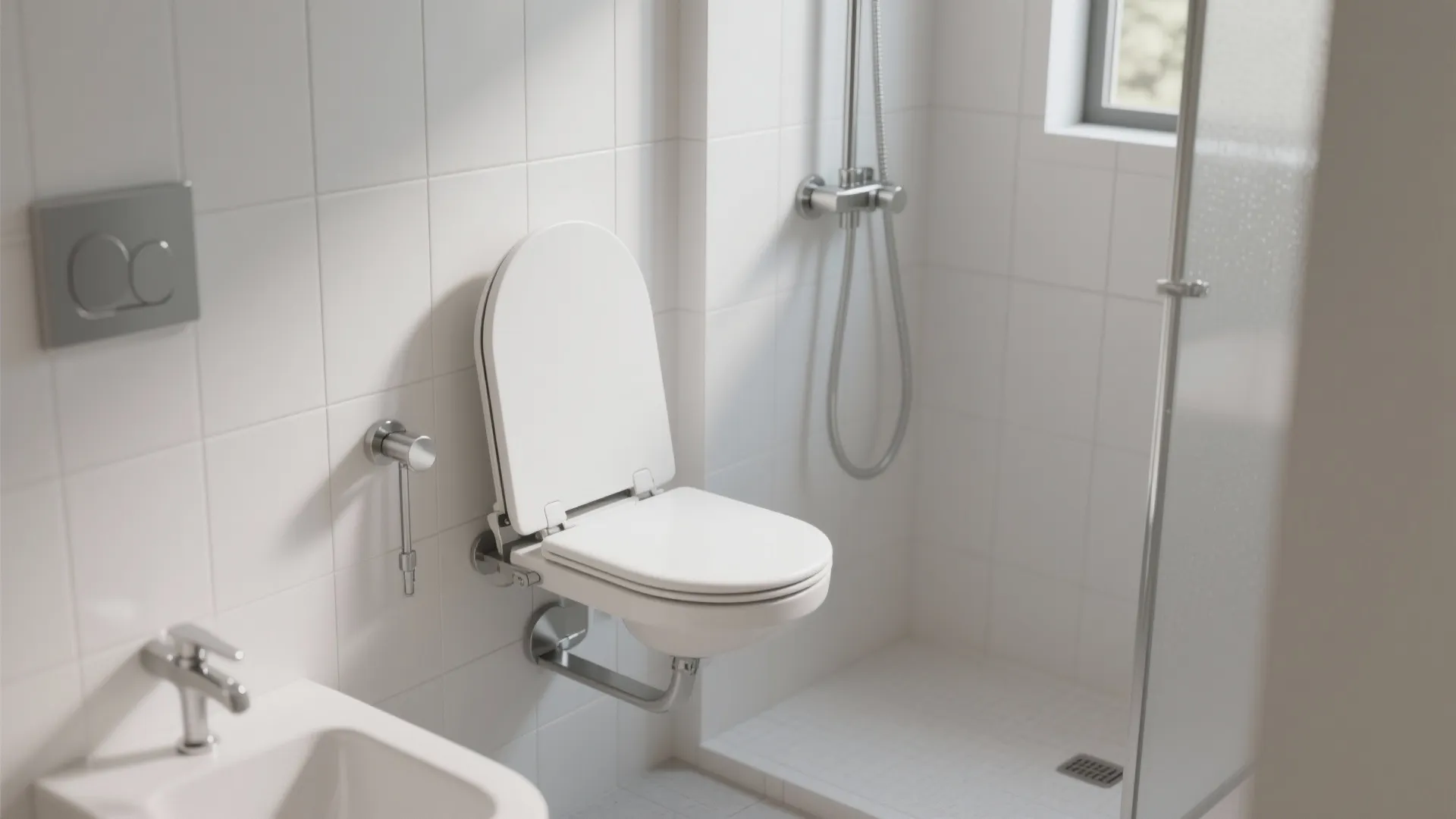 White wall mounted toilet in clean modern bathroom with sink and walk-in shower area view