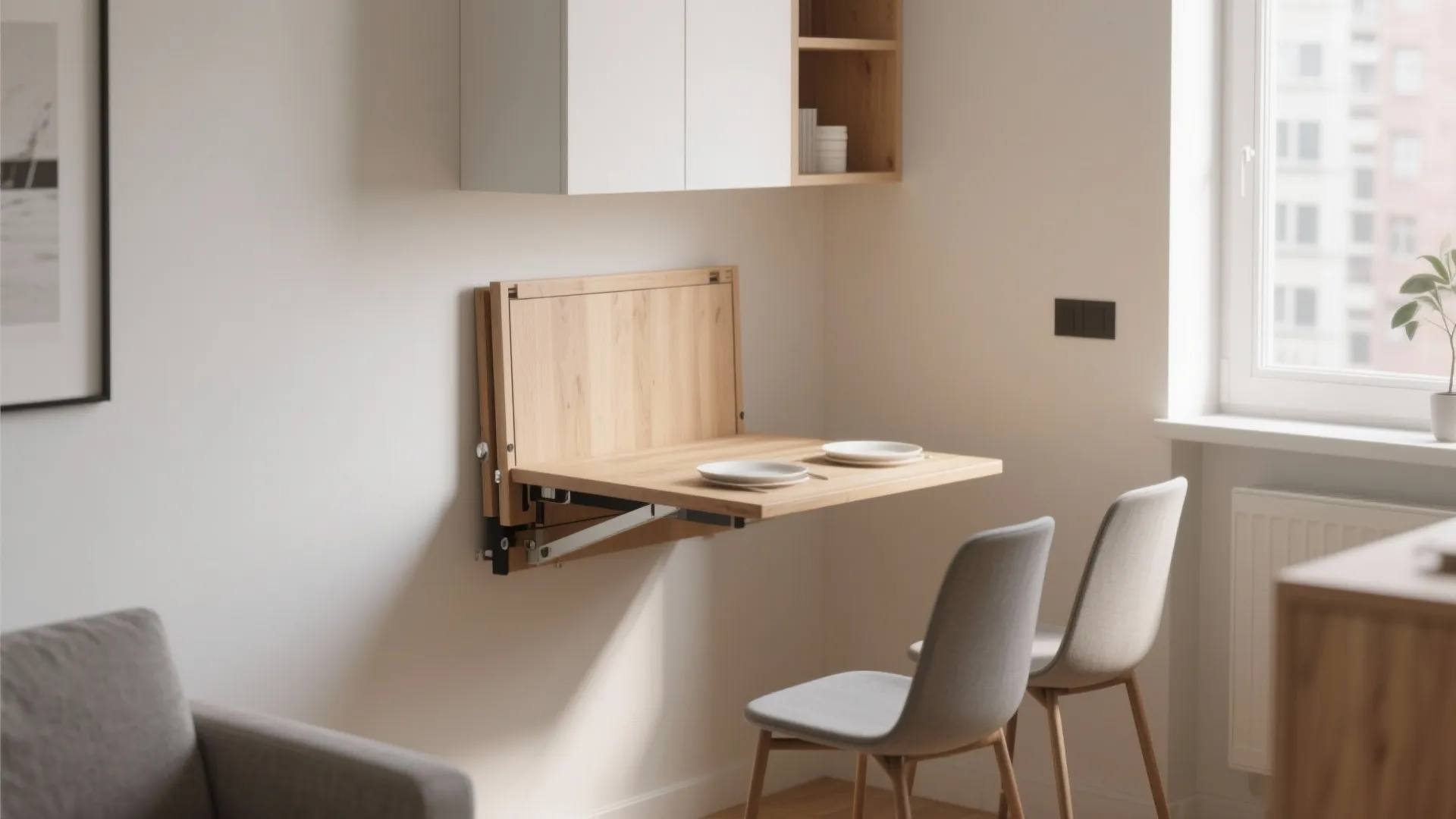 Small apartment dining area featuring a wooden wall-mounted folding table with two simple grey chairs