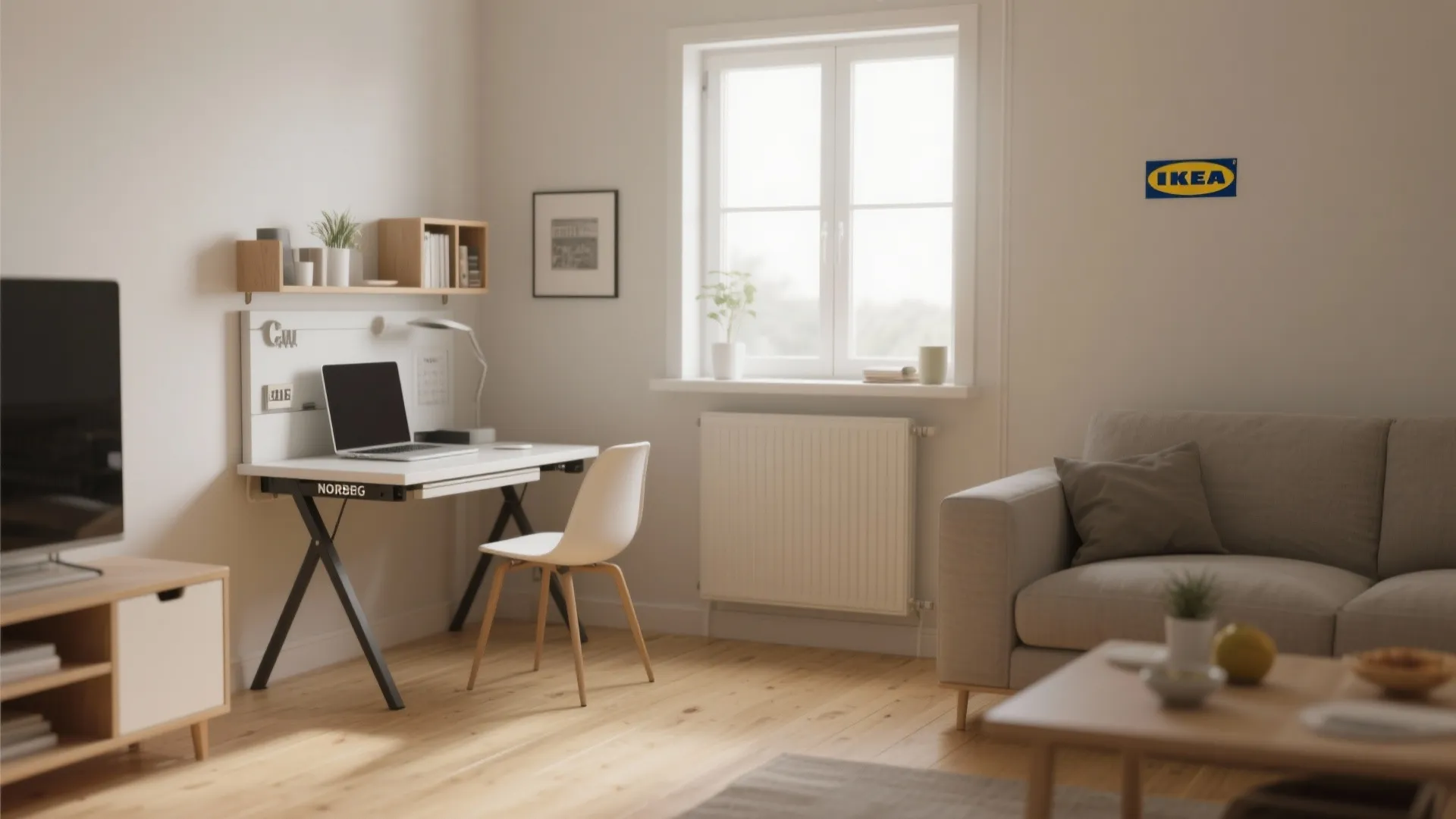 Foldable wall-mounted dining table in a small living room