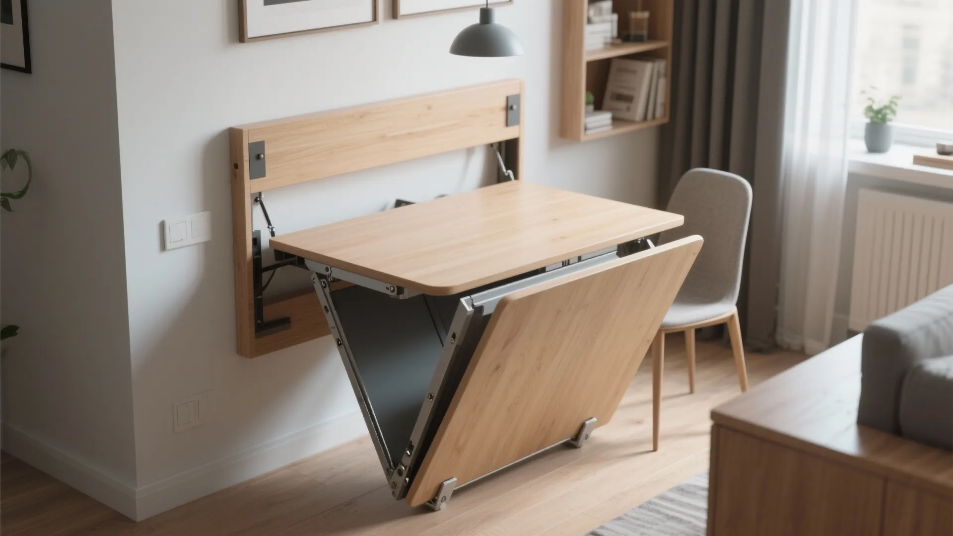 Space saving foldable wooden table mounted on white wall in modern living room being opened