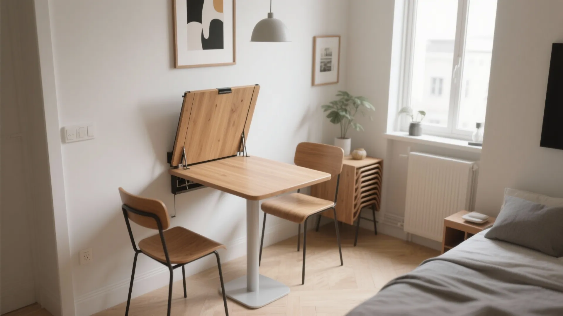 Foldable wall-mounted table with stackable chairs in a small studio