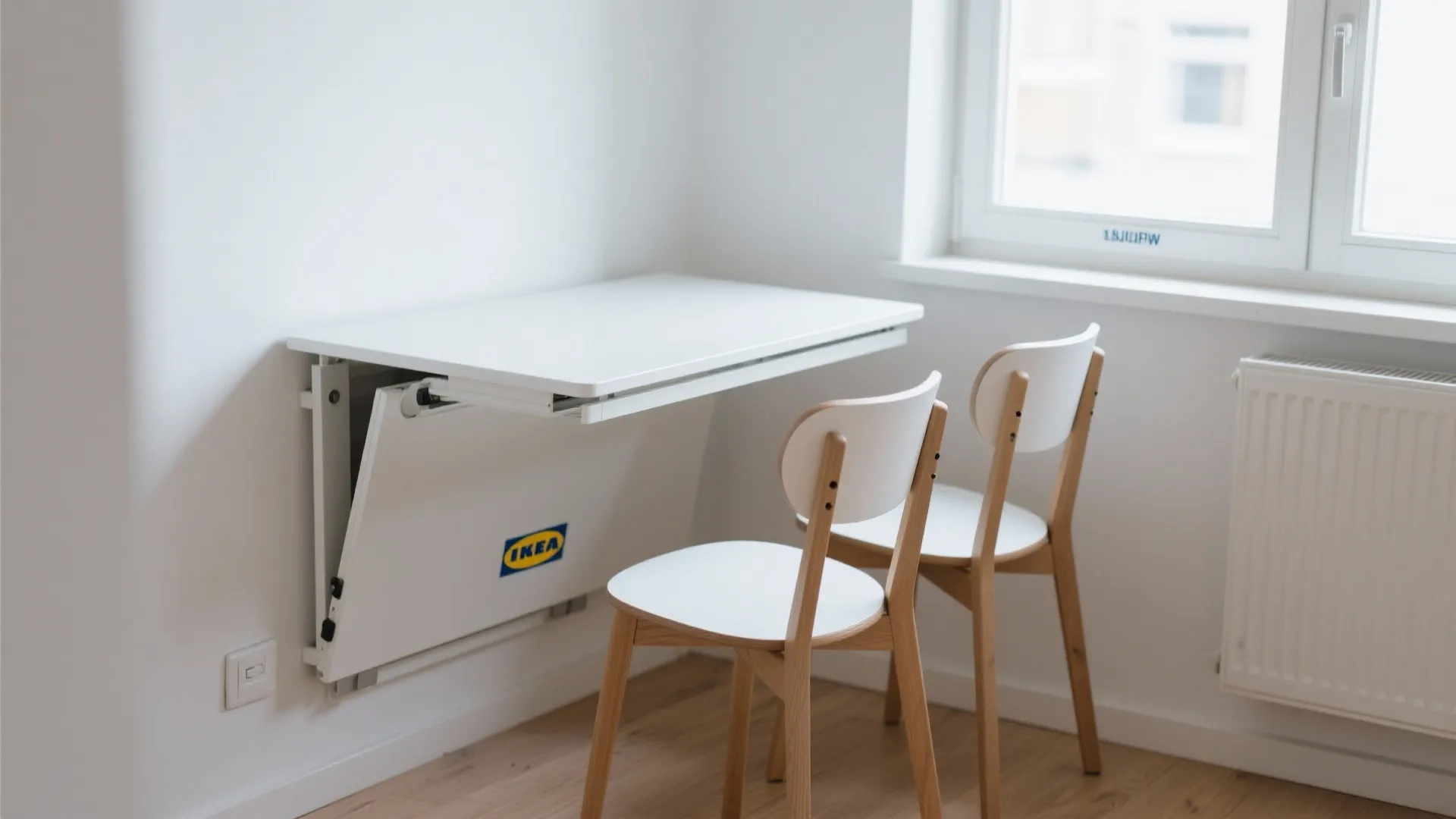 White wall mounted folding table with two wooden chairs in a bright room with window