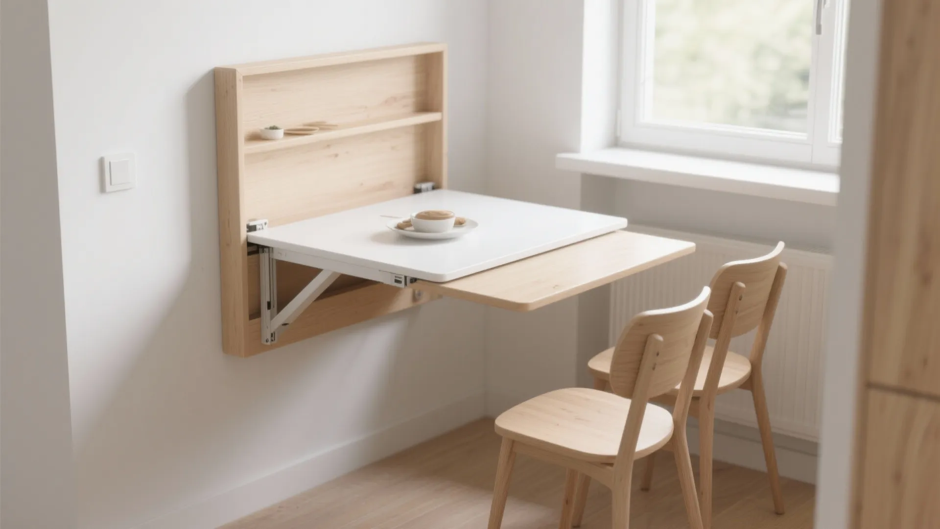 Space saving white wall table that folds out from a wooden cabinet with two chairs