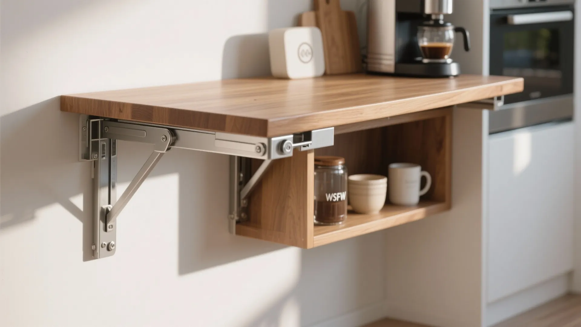 Foldable wooden wall table with metal brackets mounted in a small kitchen for space saving design