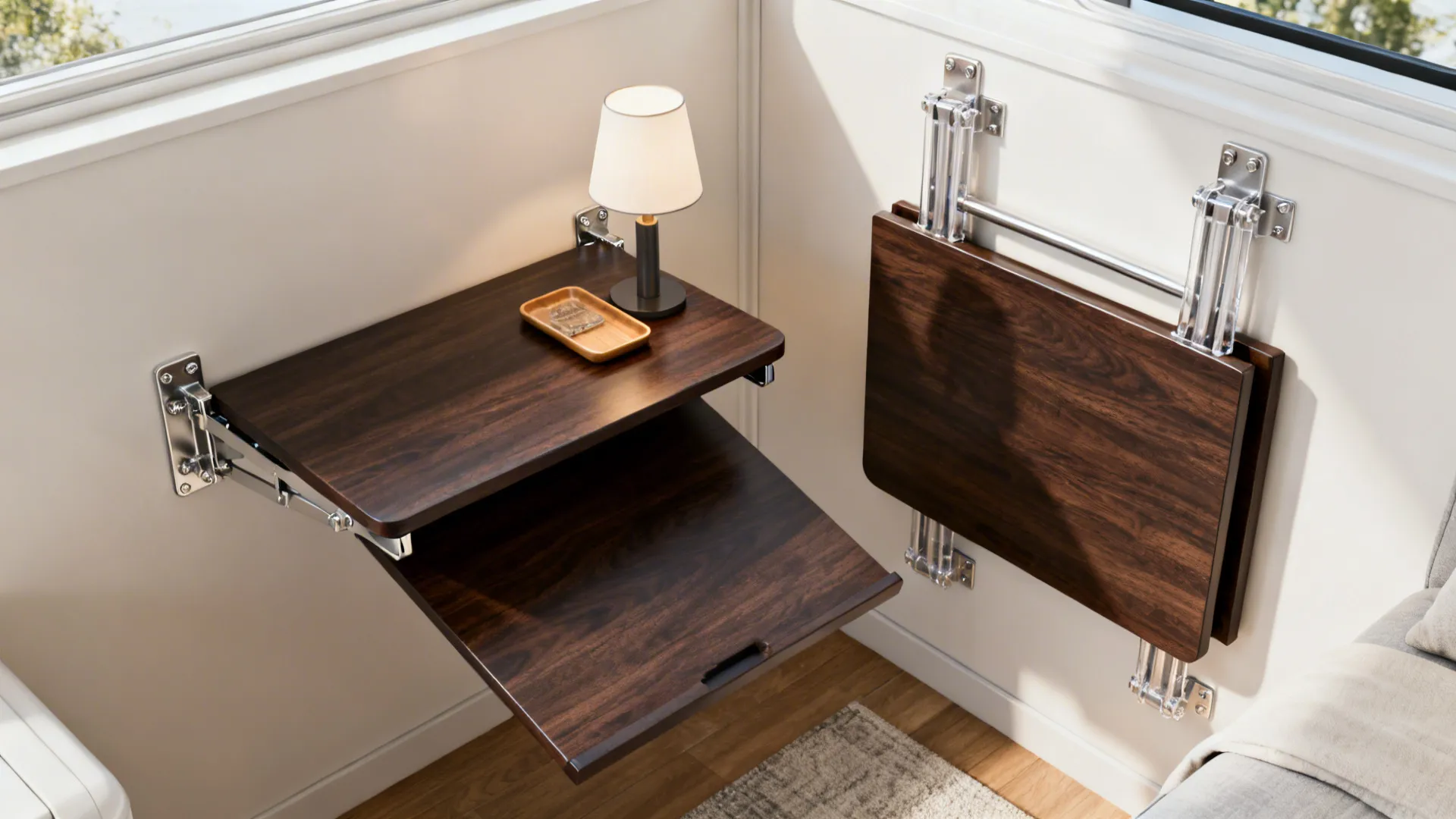 Foldable dark wood wall table with one side open featuring a lamp and wooden tray