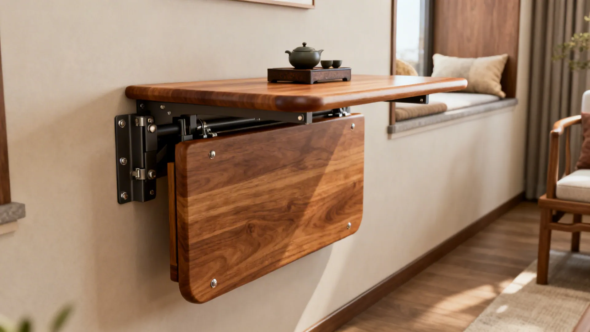 Wooden foldable wall table mounted on beige wall with a teapot and small tea cups