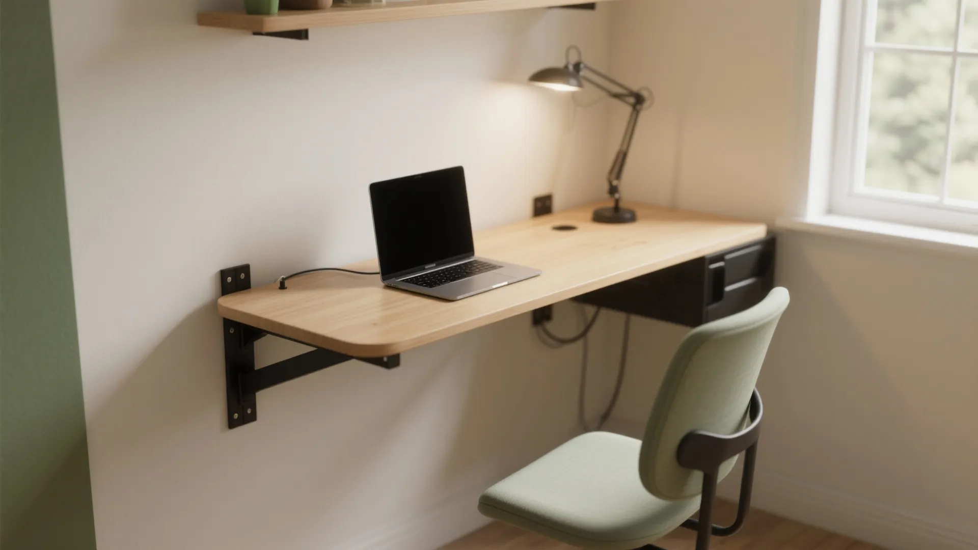 Light wood wall desk with laptop lamp and green chair in a modern home workspace