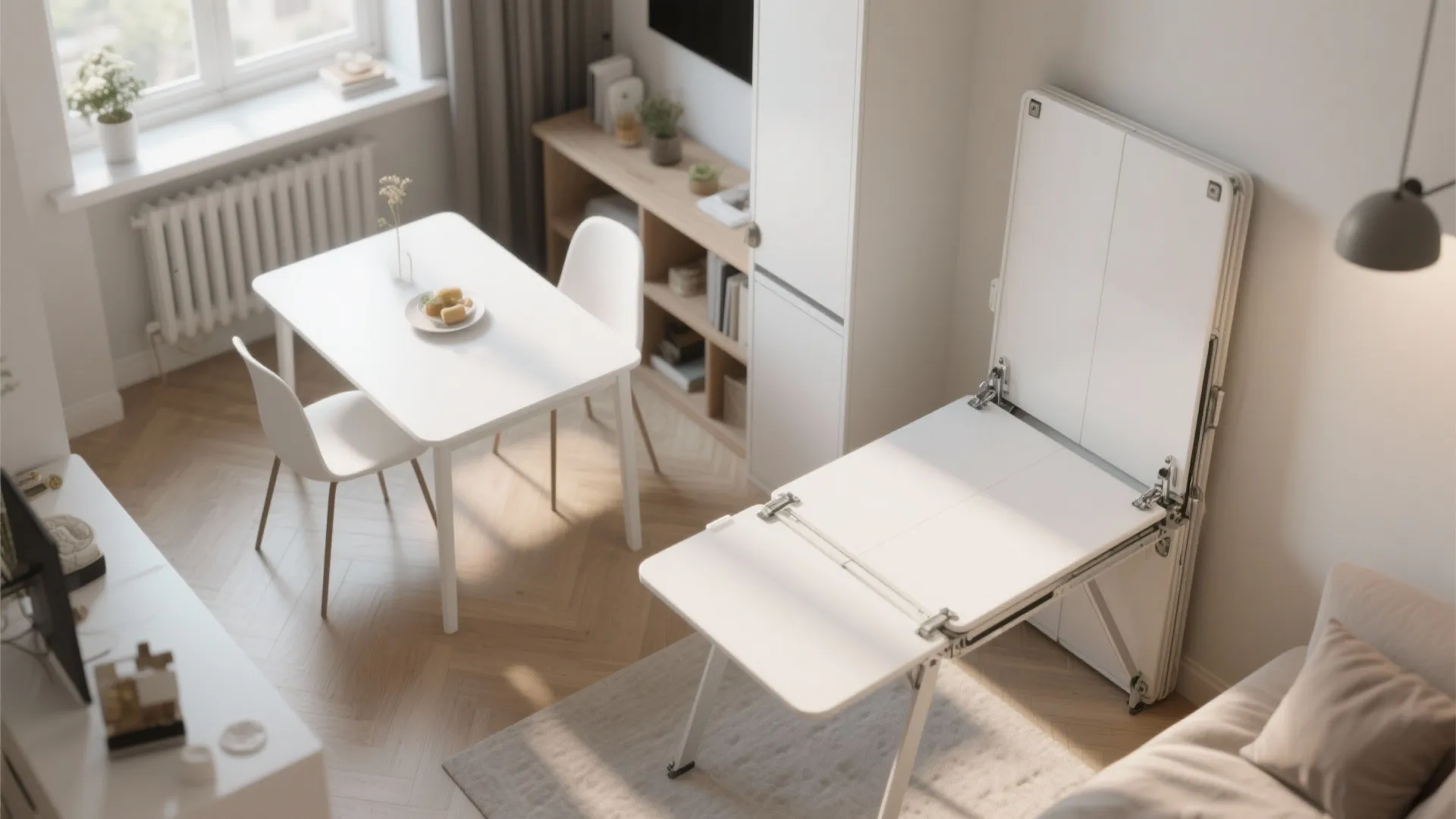 Space saving white foldable dining table attached to wall in small apartment with wood floor
