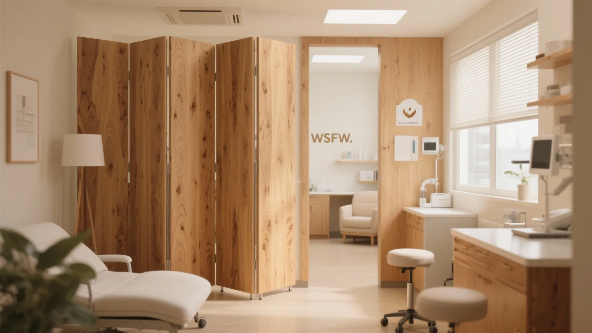 Foldable wooden room divider panels standing in a bright medical clinic with a white chair