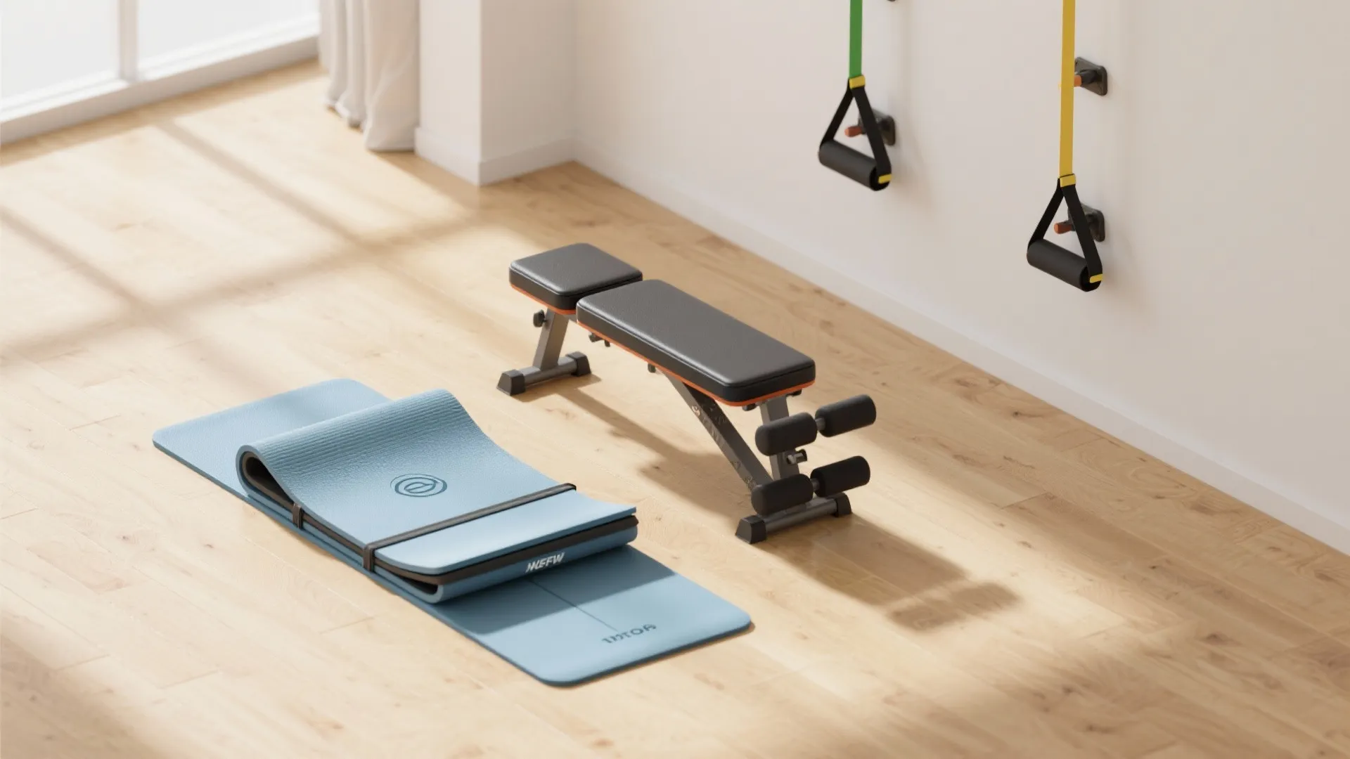 Home gym setup with blue yoga mat black workout bench and straps on wooden floor