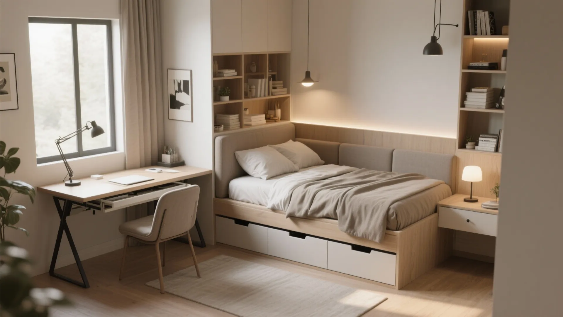 Small bedroom featuring bed with storage drawers next to a wooden desk and white shelves