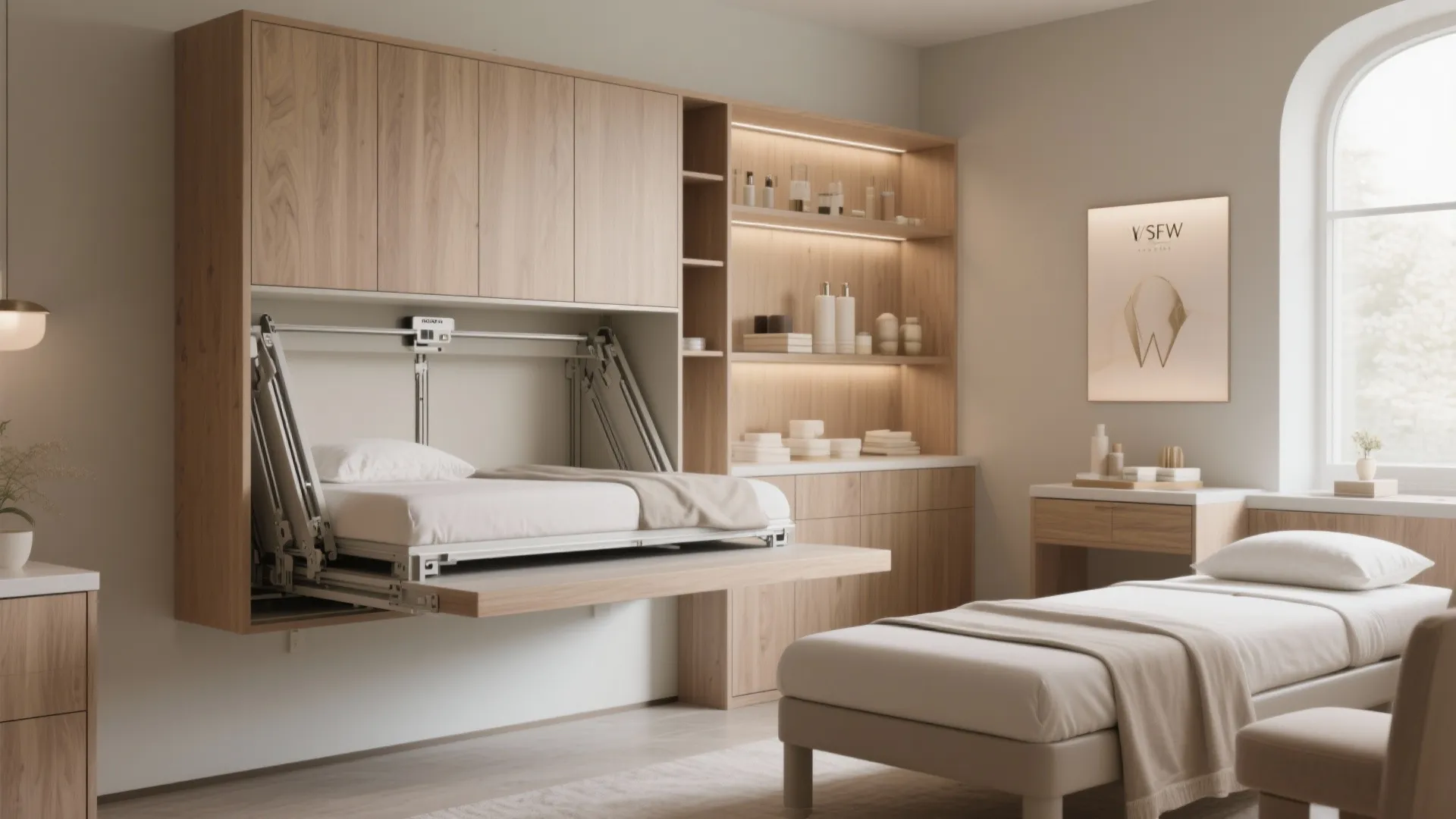 Modern room showing a foldaway bed coming out from light wood cabinets near a window