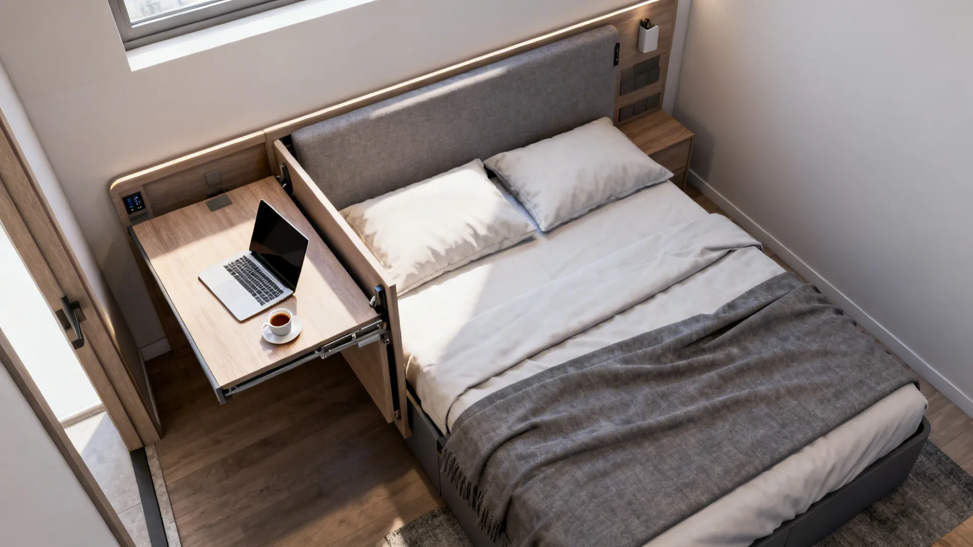 Compact bedroom with a double bed whose headboard folds down into a desk workspace