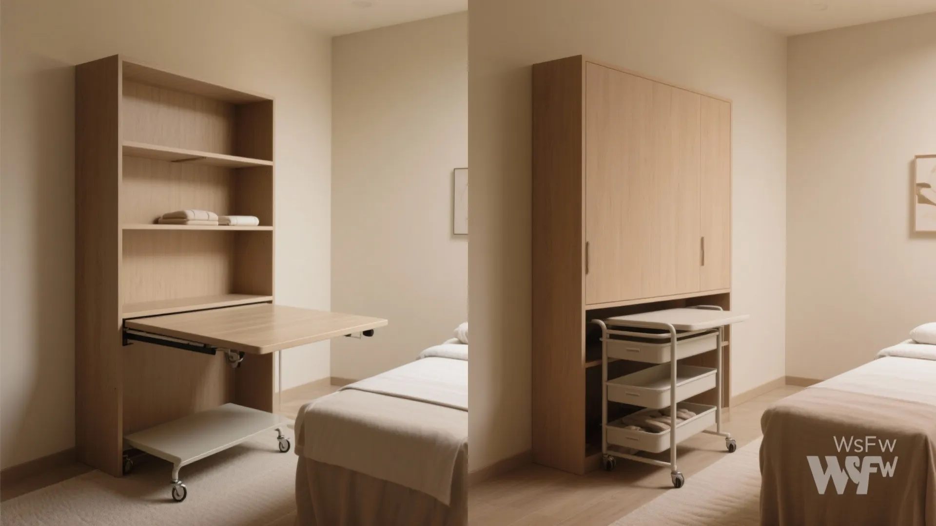 Comparison of a wooden wall cabinet with a foldout desk and a portable storage cart