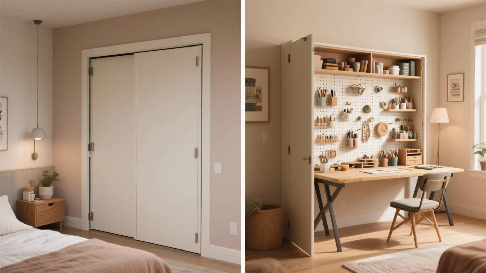 Before and after view of a closed white closet turning into a hidden home office