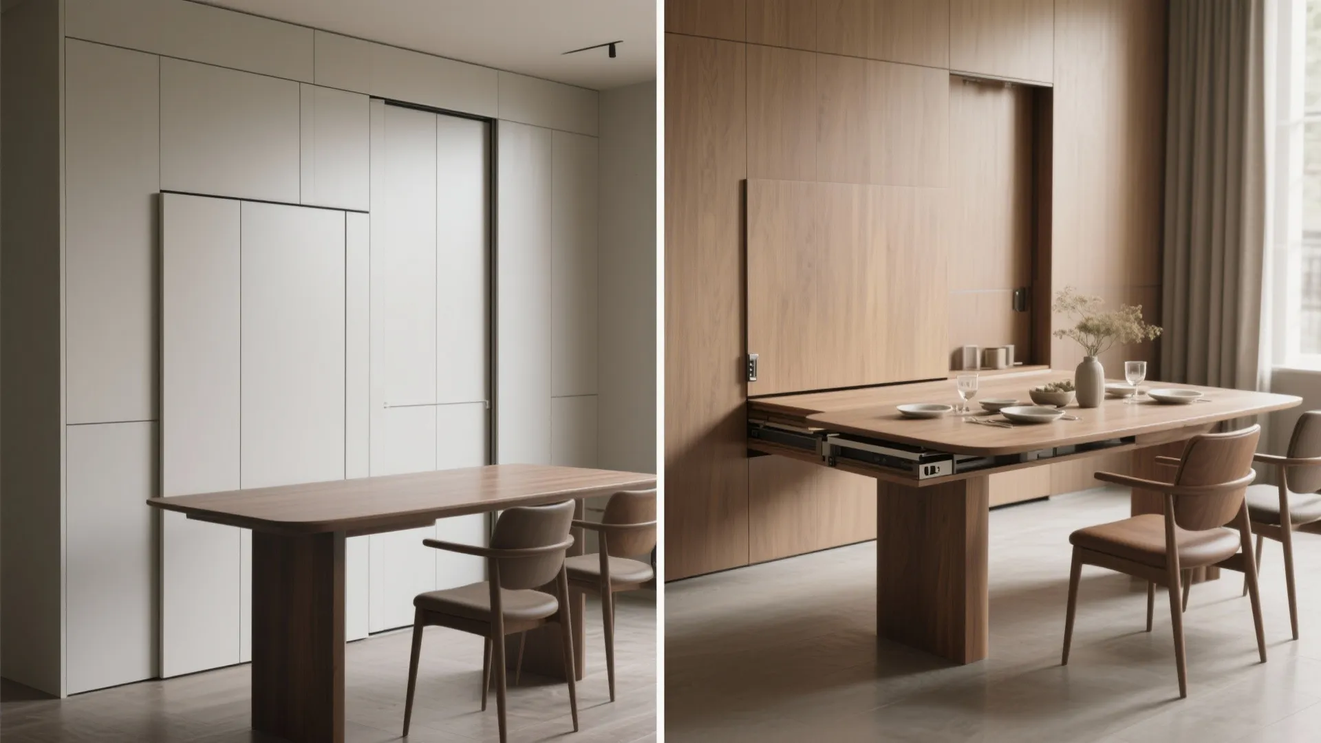 Before-and-after comparison of a space-saving foldaway dining table that extends from a wooden wall cabinet